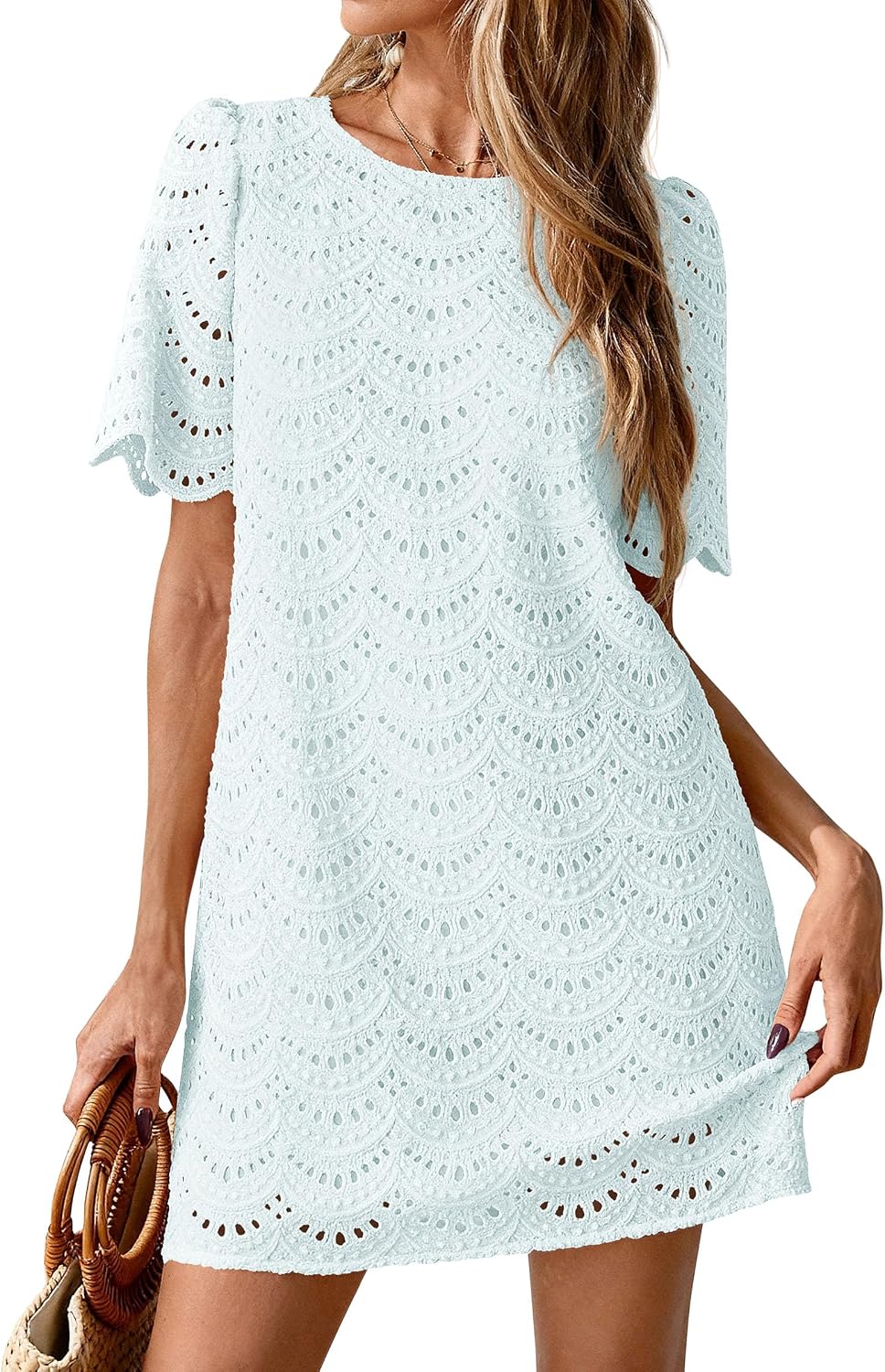 PRETTYGARDEN Women's Summer Eyelet Lace Short Dress | Hollow Out Embroidered, Short Sleeve Crewneck, Cute Wavy Cuff, Mini Shift, Boho Casual, Elegant Party, Beach Vacation Clothes