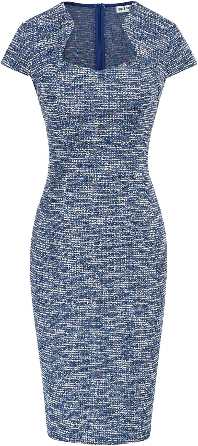 GRACE KARIN Work Dresses for Women Tweed Pencil Dress | Cap sleeve, Knee-length, Zipper back, Sweetheart neck, Stretch fabric, Formal office work business sheath dress