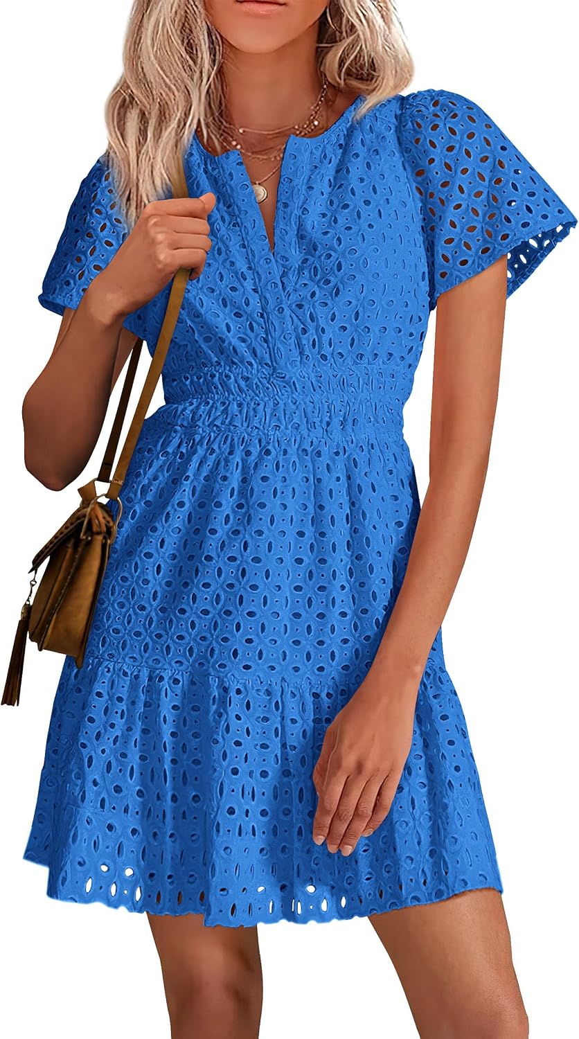 PRETTYGARDEN Women's Summer Eyelet Lace Short Dresses | Embroidered Hollow Out, Short Sleeve V Neck, Ruffle A Line, Cute Casual Trendy, Party Wedding Guest, Beach Vacation Clothes
