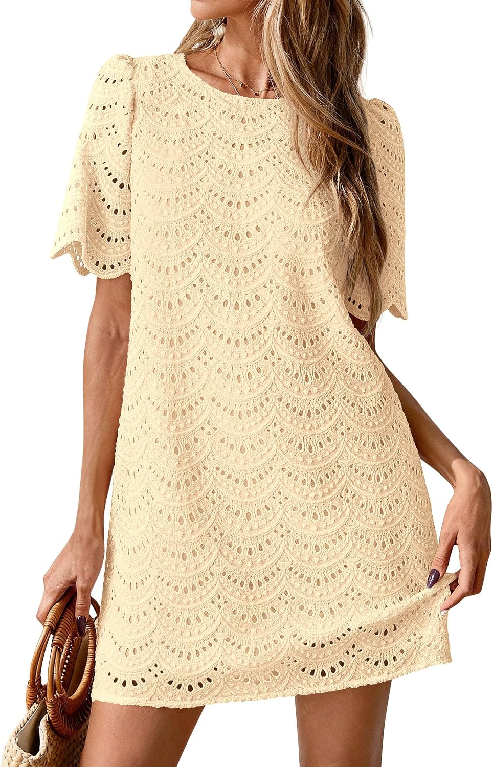 PRETTYGARDEN Women's Summer Eyelet Lace Short Dress | Hollow Out Embroidered, Short Sleeve Crewneck, Cute Wavy Cuff, Mini Shift, Boho Casual, Elegant Party, Beach Vacation Clothes