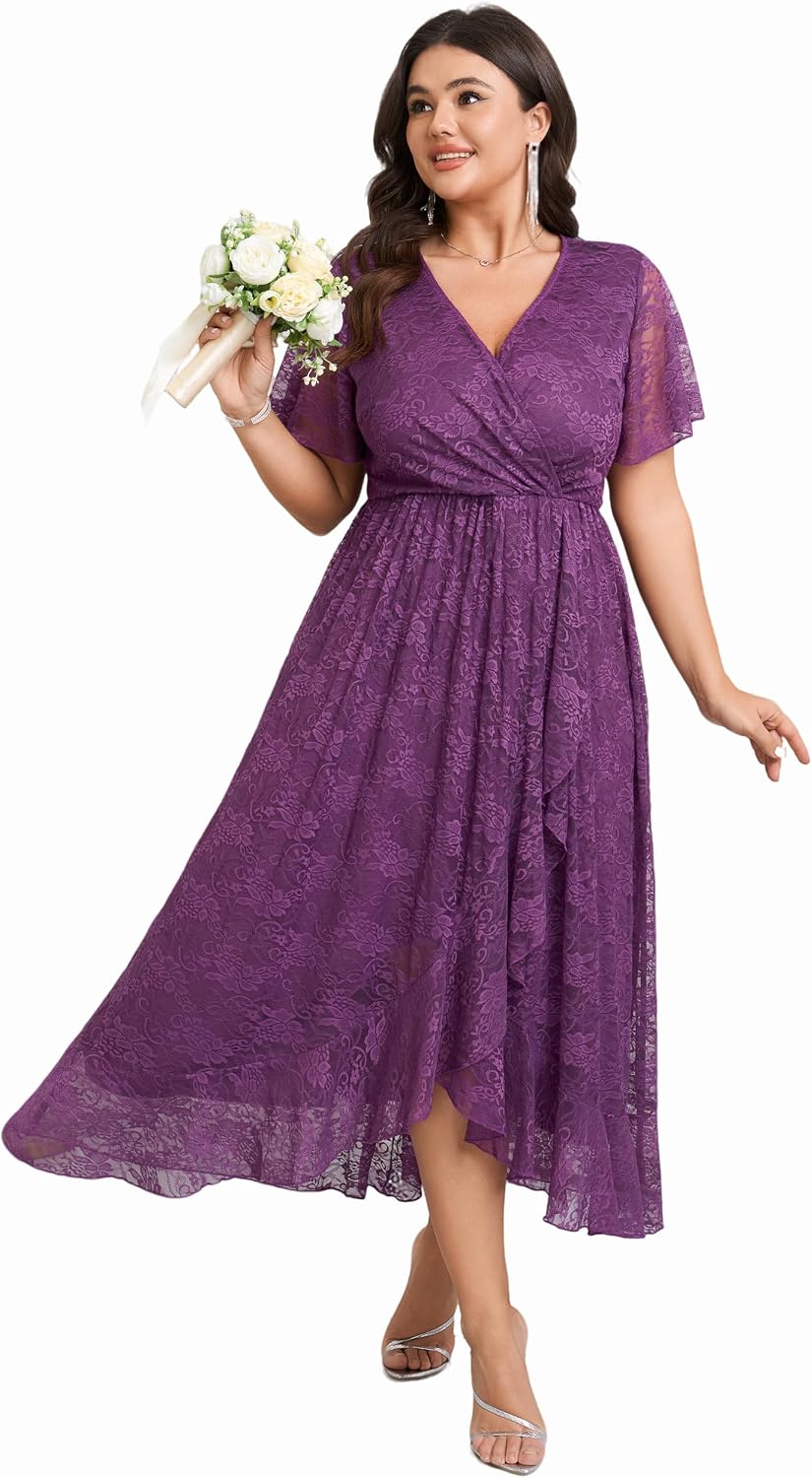 SCOMCHIC Womens Plus Size Wedding Guest Formal Dress | Lace, Wrap V Neck, High Low, Short Sleeve, Cocktail, Maxi Dresses