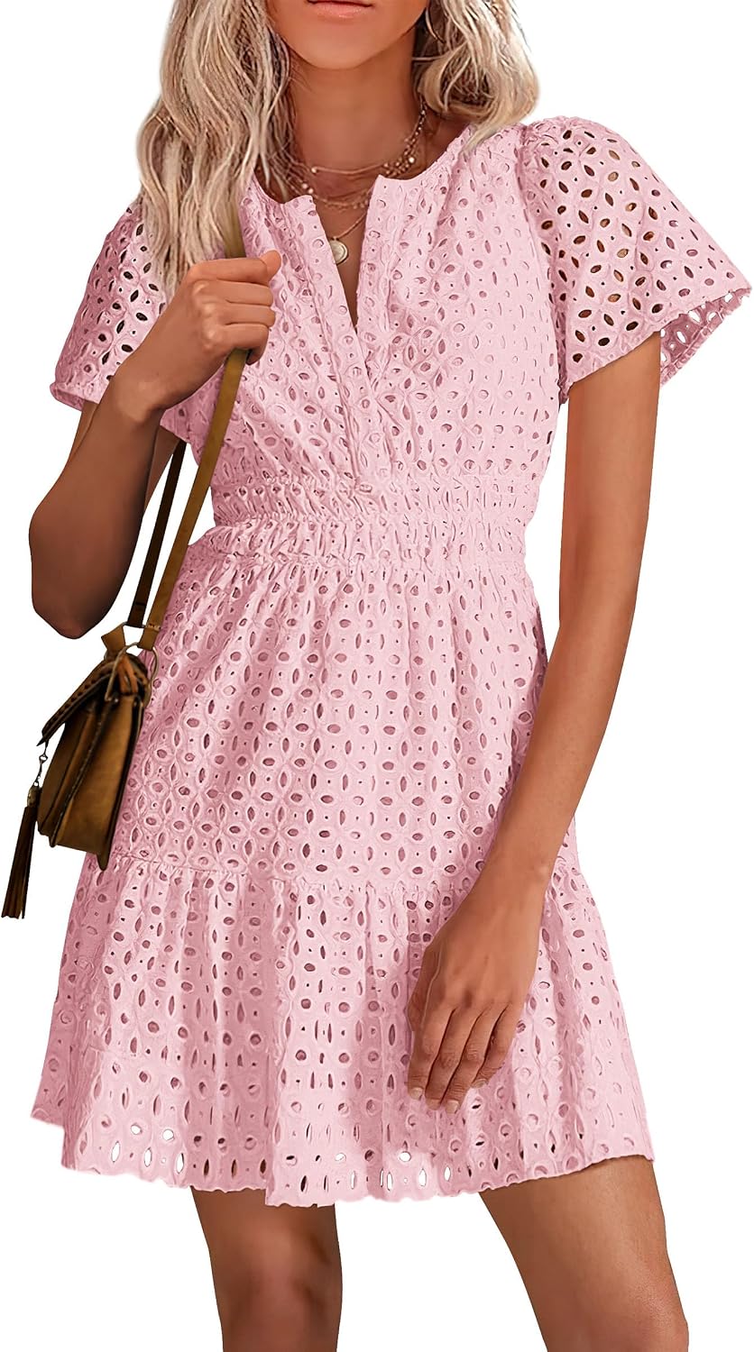 PRETTYGARDEN Women's Summer Eyelet Lace Short Dresses | Embroidered Hollow Out, Short Sleeve V Neck, Ruffle A Line, Cute Casual Trendy, Party Wedding Guest, Beach Vacation Clothes