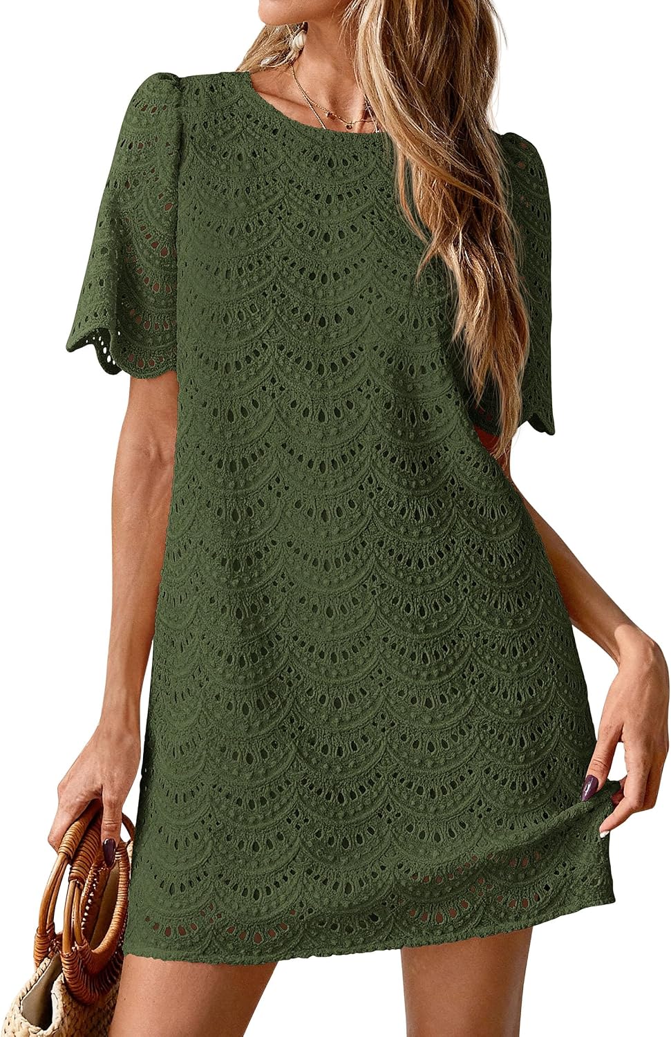 PRETTYGARDEN Women's Summer Eyelet Lace Short Dress | Hollow Out Embroidered, Short Sleeve Crewneck, Cute Wavy Cuff, Mini Shift, Boho Casual, Elegant Party, Beach Vacation Clothes