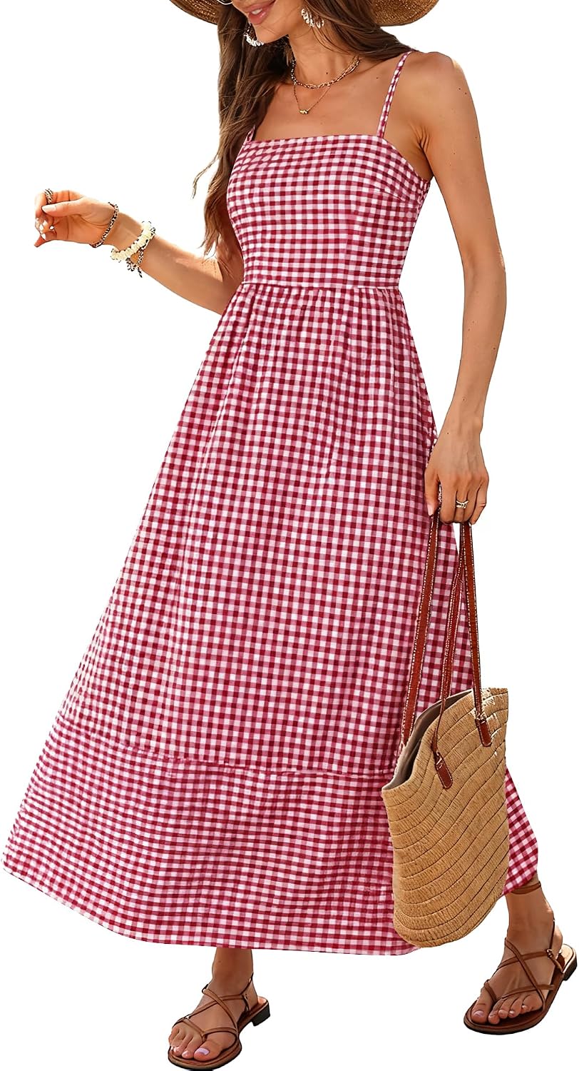 Caracilia Womens Maxi Dresses Gingham Summer Beach Outfits | Spaghetti Strap Back Smocked Cut Out, Flowy Long Sundress, Cute Travel Vacation Picnic Dress Fashion Clothes