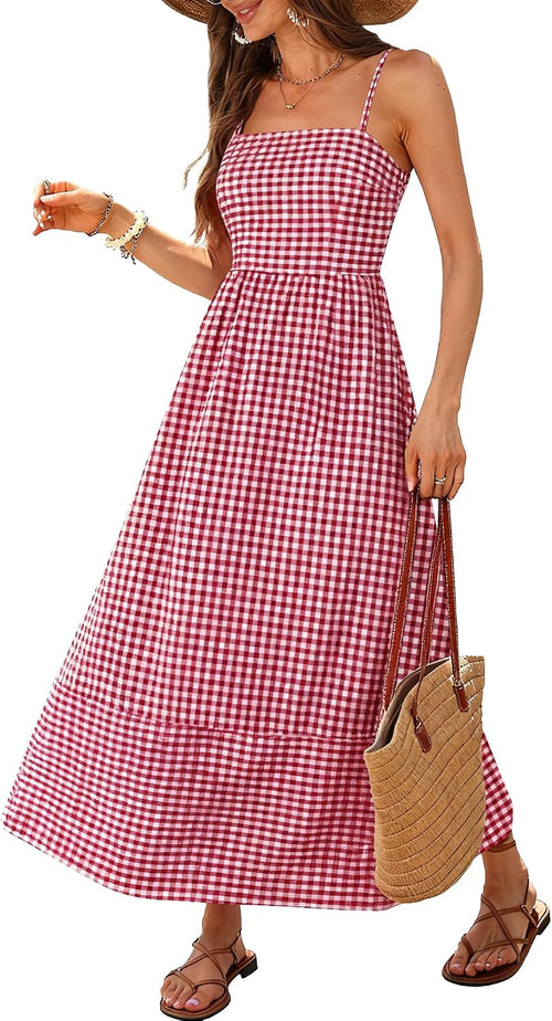 Caracilia Womens Maxi Dresses Gingham Summer Beach Outfits | Spaghetti Strap Back Smocked Cut Out, Flowy Long Sundress, Cute Travel Vacation Picnic Dress Fashion Clothes