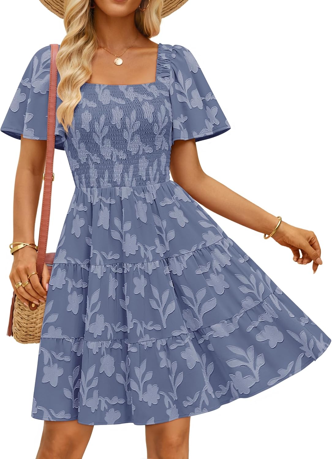 ZESICA Women's 2026 Summer Boho Floral Flowy Mini Dresses | Elegant Short Dress, Swing A Line Dress, Smocked Ruffle, Cute Sundress, Short Sleeve, Square Neck, Beach Vacation Dress