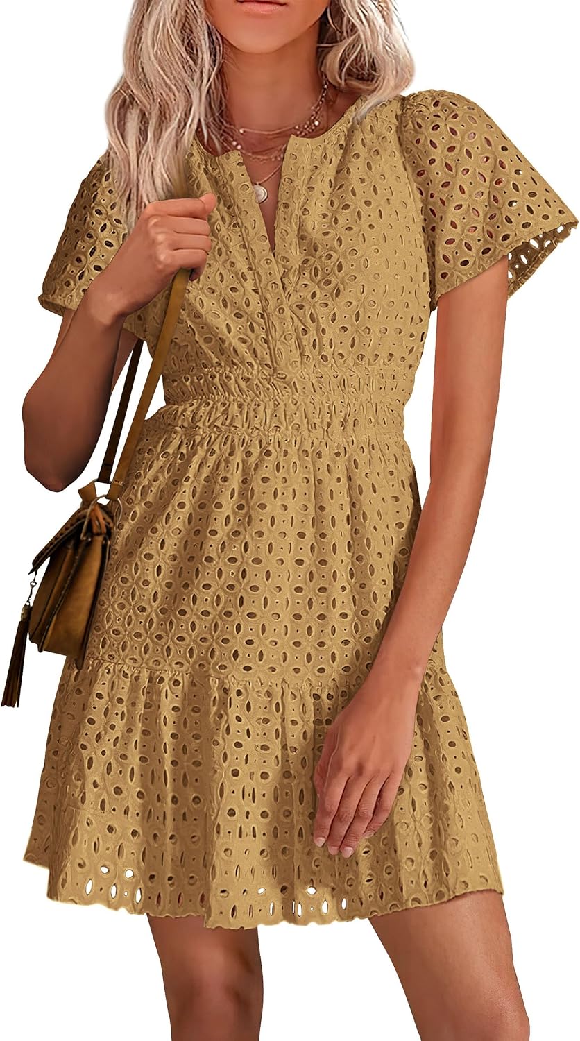 PRETTYGARDEN Women's Summer Eyelet Lace Short Dresses | Embroidered Hollow Out, Short Sleeve V Neck, Ruffle A Line, Cute Casual Trendy, Party Wedding Guest, Beach Vacation Clothes