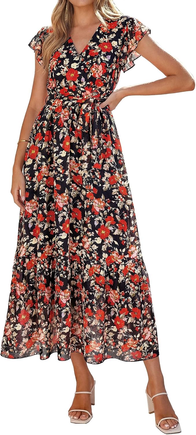 PRETTYGARDEN Women's Summer Floral Boho Maxi Dress | Short Sleeve Wrap V Neck, Long Flowy Ruffle Dresses, Spring Wedding Guest Outfits for Beach Vacation, Resort Wear, Tea Party
