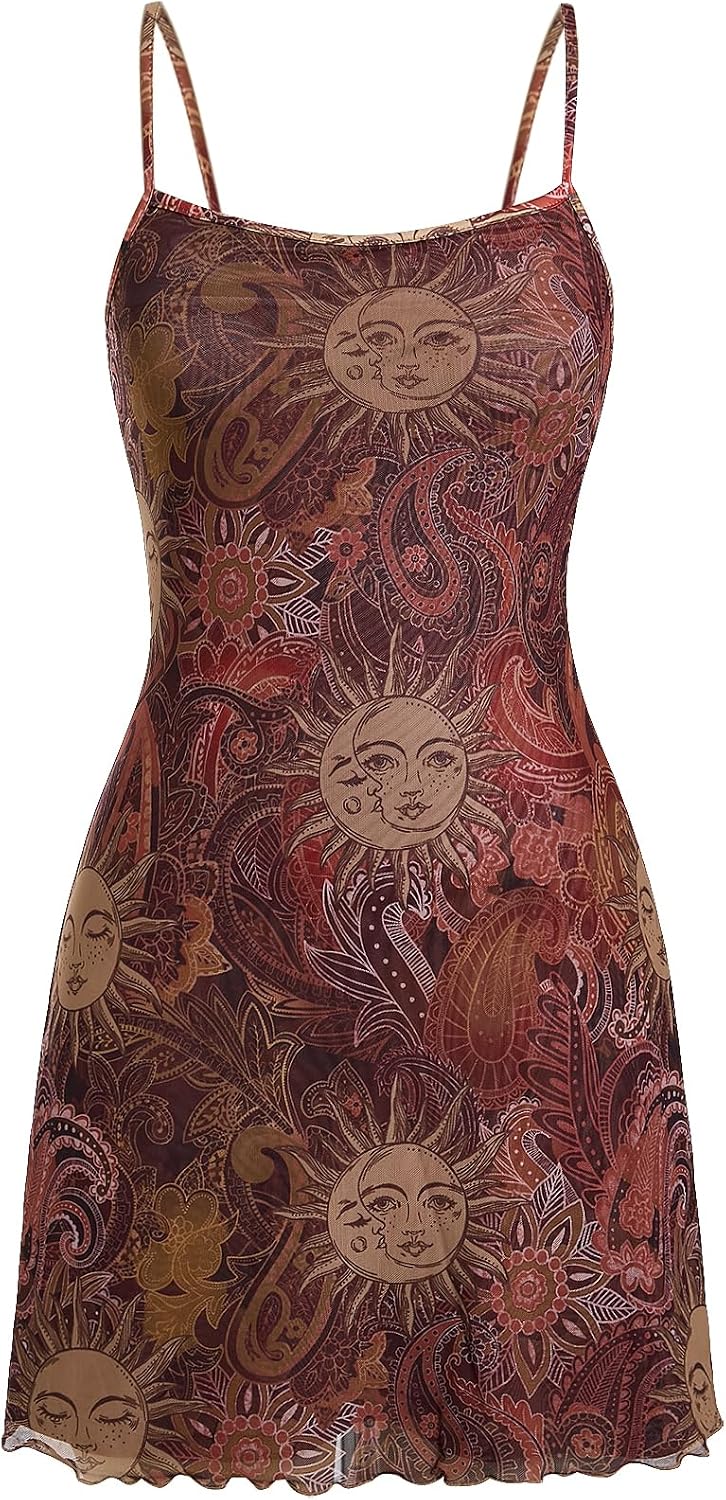 Milumia Women\u2018s Summer Mini Dress 90s Boho A Line Mesh Short Dresses | Spaghetti Strap,Sleeveless,Vintage,Paisley Print,Festival Outfits,Cowgirl,Y2k,Goth