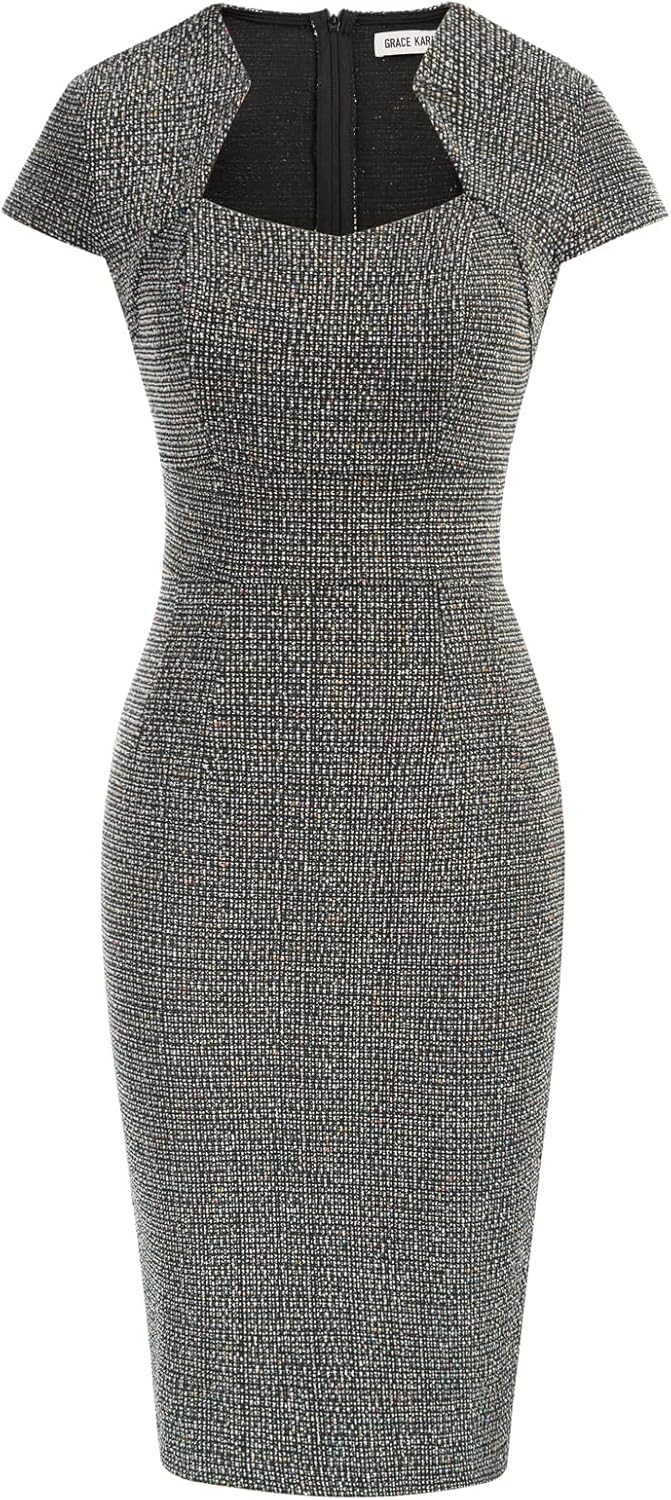 GRACE KARIN Work Dresses for Women Tweed Pencil Dress | Cap sleeve, Knee-length, Zipper back, Sweetheart neck, Stretch fabric, Formal office work business sheath dress