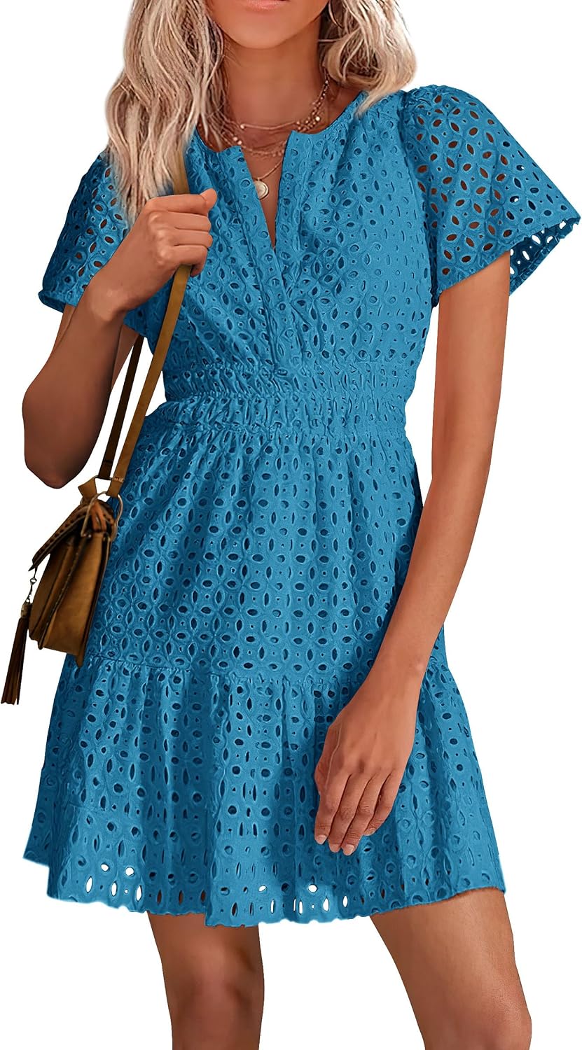 PRETTYGARDEN Women's Summer Eyelet Lace Short Dresses | Embroidered Hollow Out, Short Sleeve V Neck, Ruffle A Line, Cute Casual Trendy, Party Wedding Guest, Beach Vacation Clothes