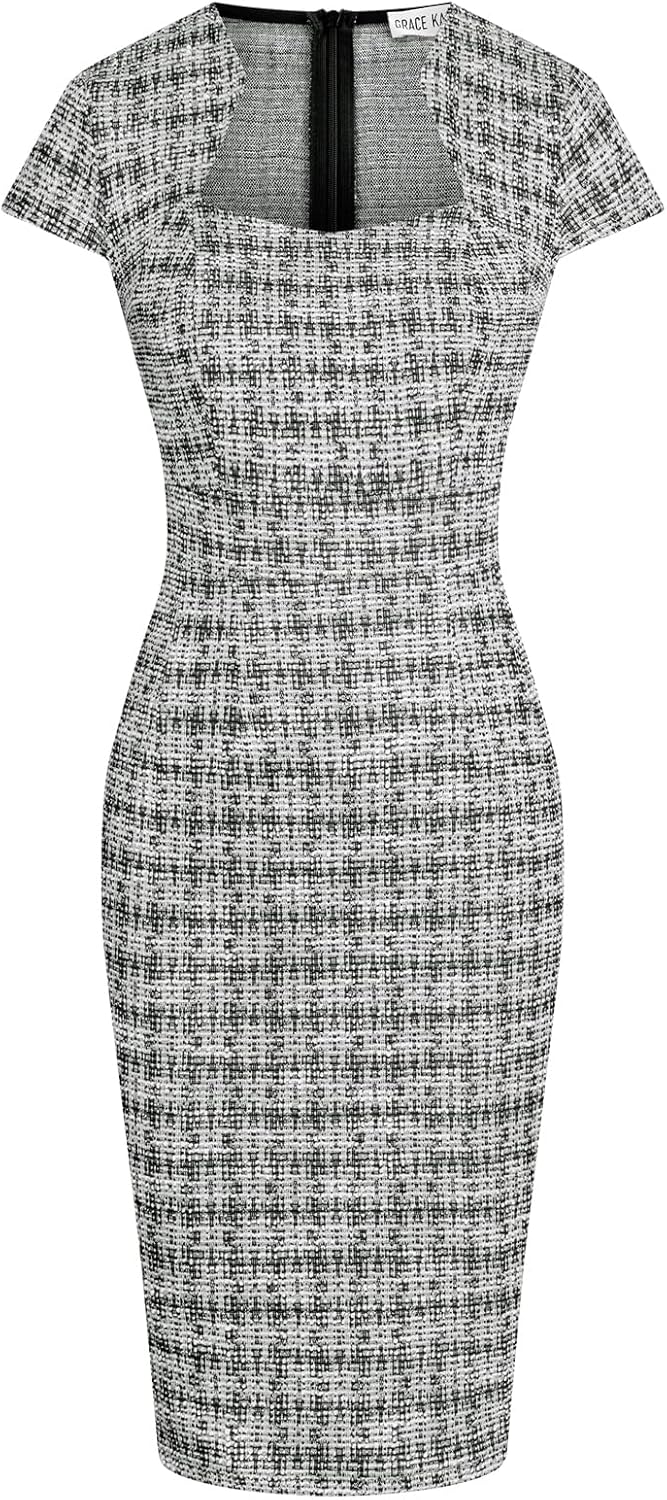 GRACE KARIN Work Dresses for Women Tweed Pencil Dress | Cap sleeve, Knee-length, Zipper back, Sweetheart neck, Stretch fabric, Formal office work business sheath dress