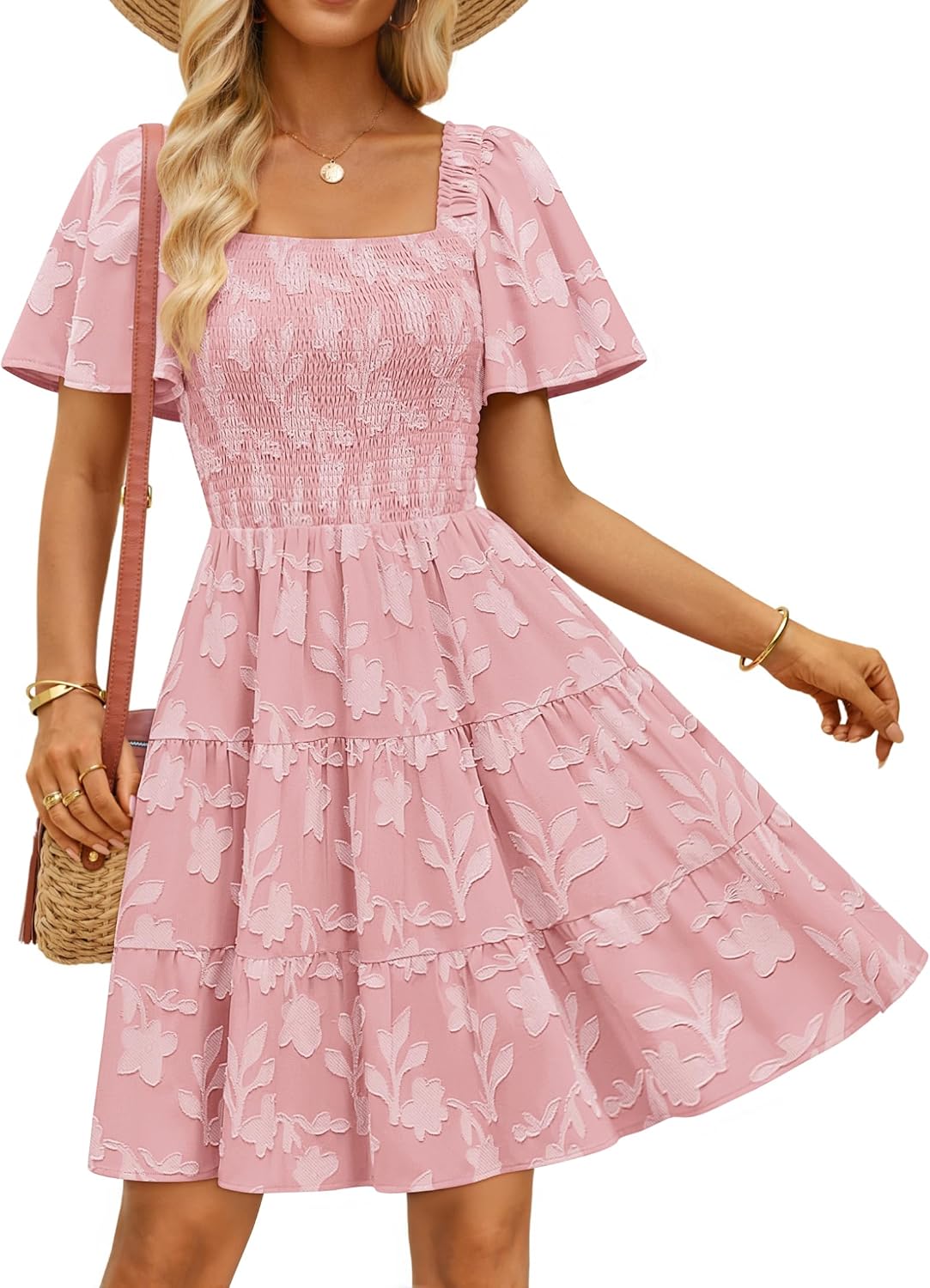 ZESICA Women's 2026 Summer Boho Floral Flowy Mini Dresses | Elegant Short Dress, Swing A Line Dress, Smocked Ruffle, Cute Sundress, Short Sleeve, Square Neck, Beach Vacation Dress