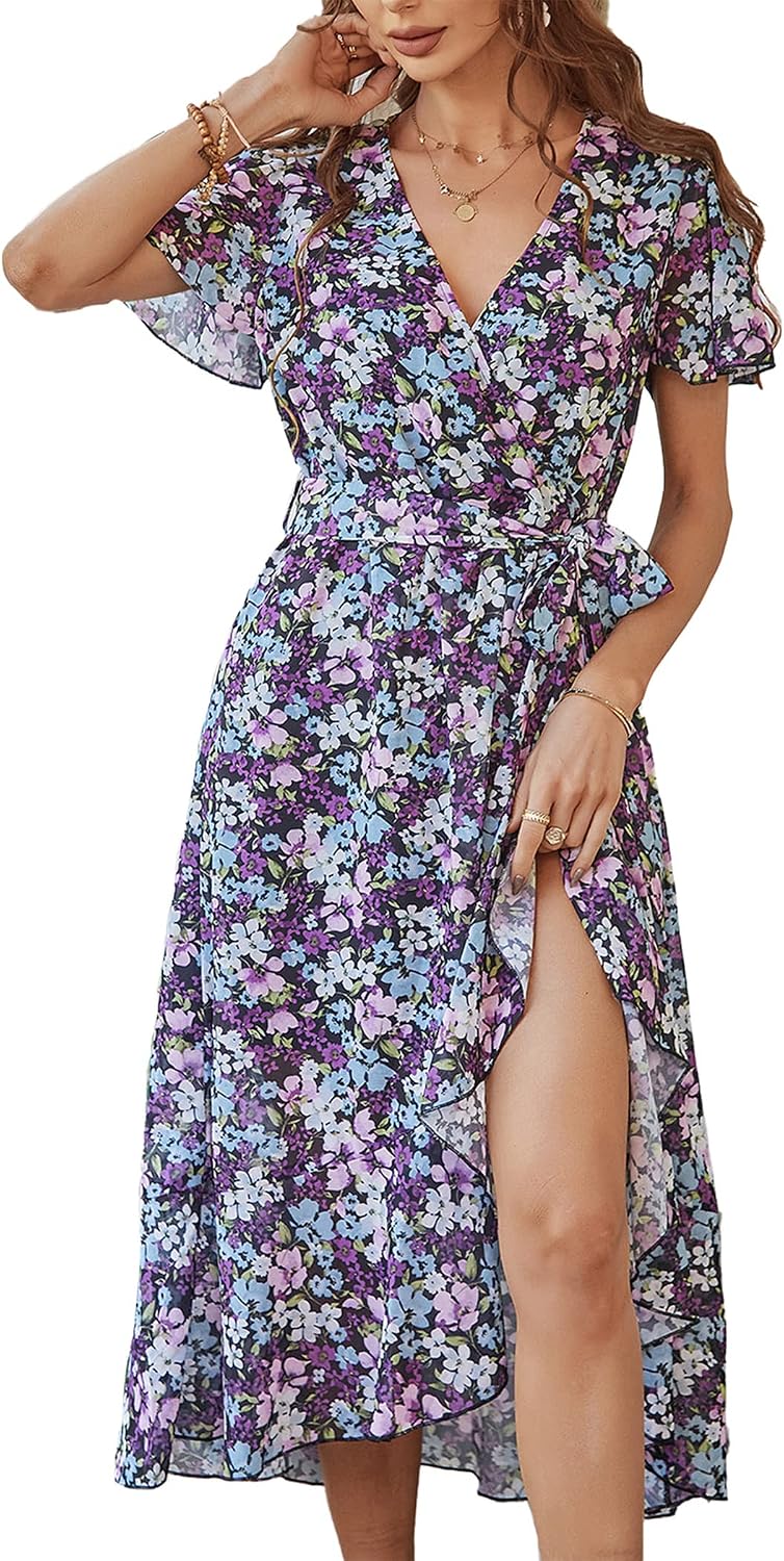PRETTYGARDEN Women's Summer Floral Boho Maxi Dress | Short Sleeve Wrap V Neck, Long Flowy Ruffle Dresses, Spring Wedding Guest Outfits for Beach Vacation, Resort Wear, Tea Party