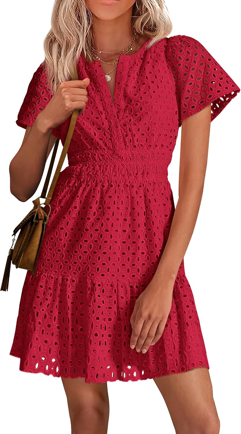 PRETTYGARDEN Women's Summer Eyelet Lace Short Dresses | Embroidered Hollow Out, Short Sleeve V Neck, Ruffle A Line, Cute Casual Trendy, Party Wedding Guest, Beach Vacation Clothes