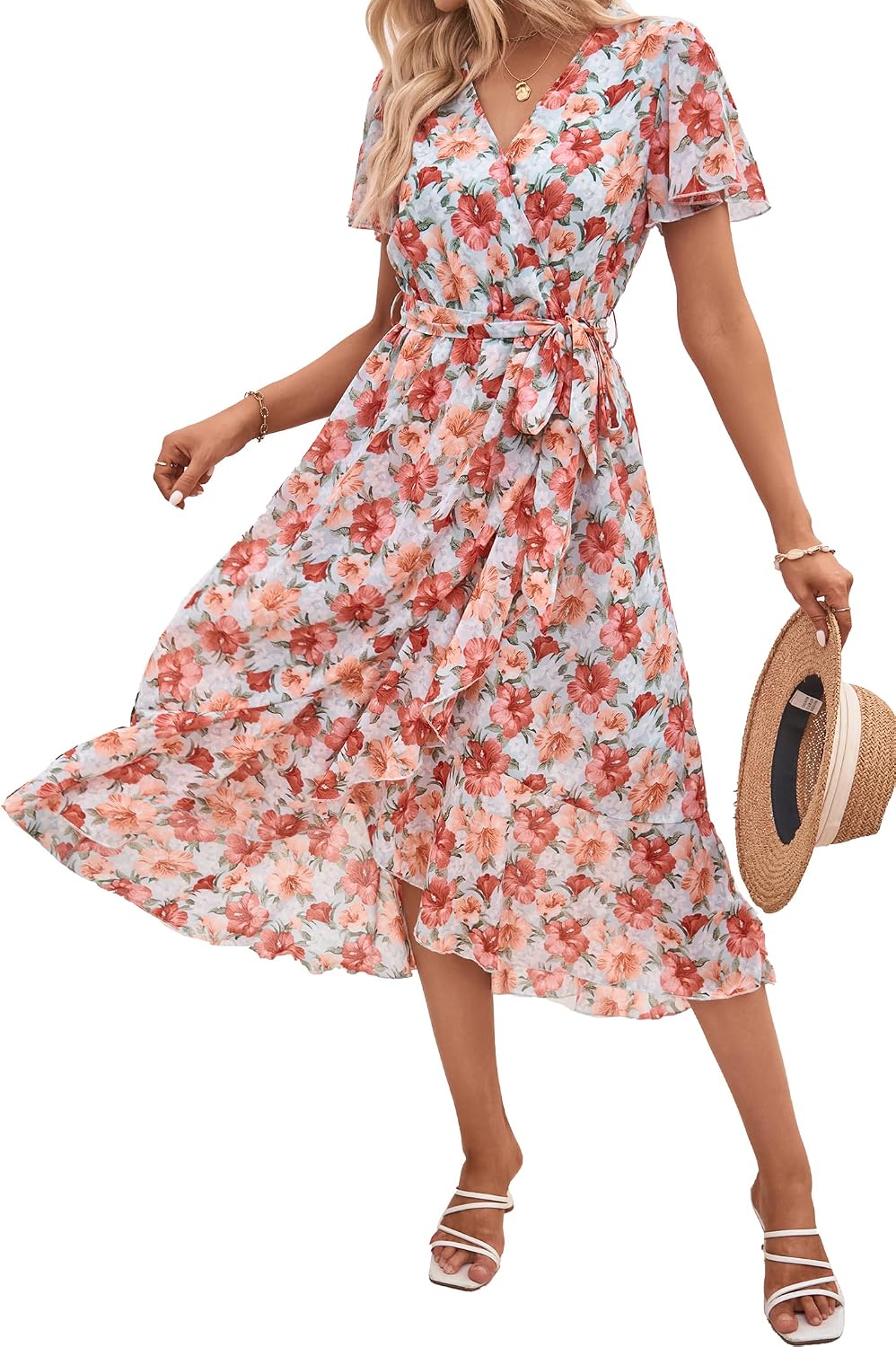 PRETTYGARDEN Women's Summer Floral Boho Maxi Dress | Short Sleeve Wrap V Neck, Long Flowy Ruffle Dresses, Spring Wedding Guest Outfits for Beach Vacation, Resort Wear, Tea Party