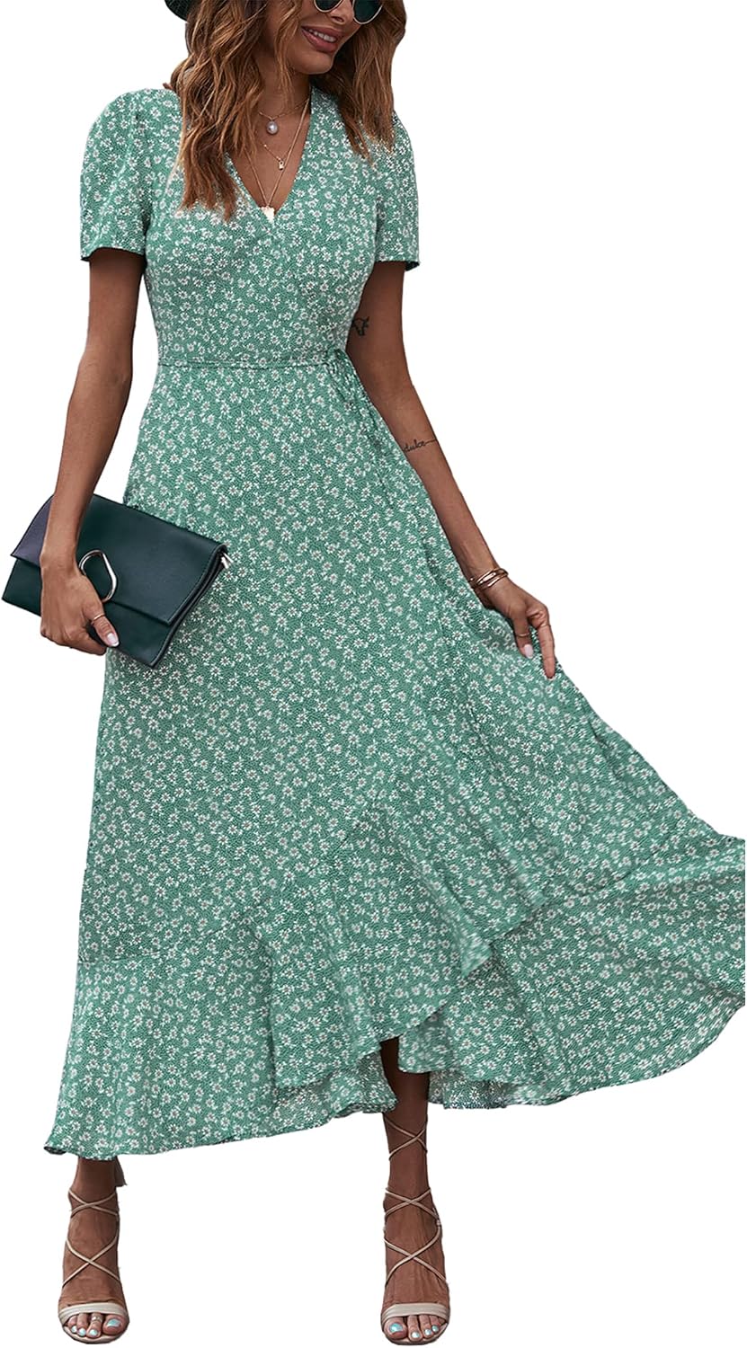 PRETTYGARDEN Women's Boho Floral Summer Maxi Dresses | Short Sleeve Wrap V Neck, Long Flowy Sundress, Spring Wedding Guest Party Outfits, Ruffle Beach Vacation Dress, Resort Wear