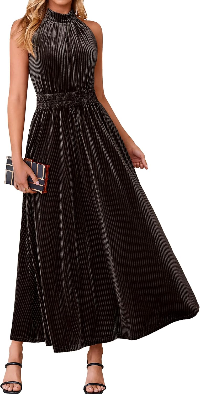 Simplee Womens Velvet Elegant Halter Neck Semi Formal Wedding Guest Dresses | 2026 Trendy, Empire Waist, A Line, Sleeveless, Flowy Maxi, Evening Party, Holiday, Long Cocktail, Prom, Fall Winter Fashion