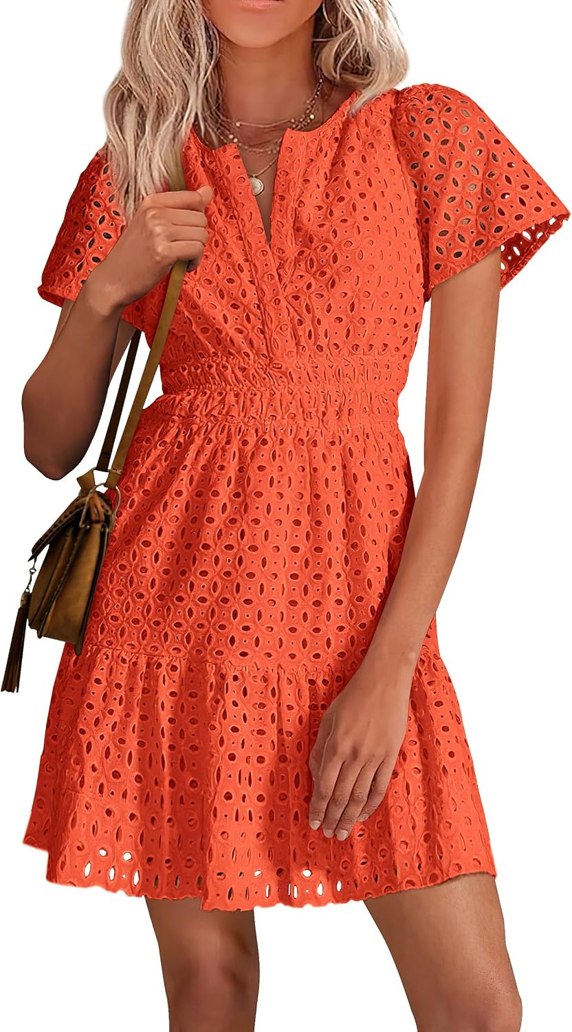 PRETTYGARDEN Women's Summer Eyelet Lace Short Dresses | Embroidered Hollow Out, Short Sleeve V Neck, Ruffle A Line, Cute Casual Trendy, Party Wedding Guest, Beach Vacation Clothes