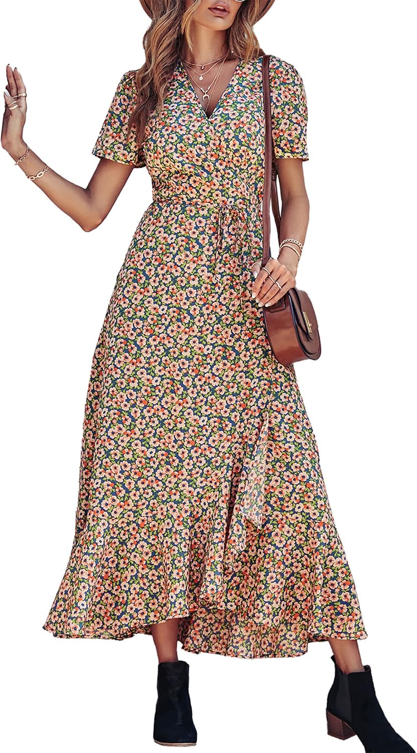PRETTYGARDEN Women's Boho Floral Summer Maxi Dresses | Short Sleeve Wrap V Neck, Long Flowy Sundress, Spring Wedding Guest Party Outfits, Ruffle Beach Vacation Dress, Resort Wear
