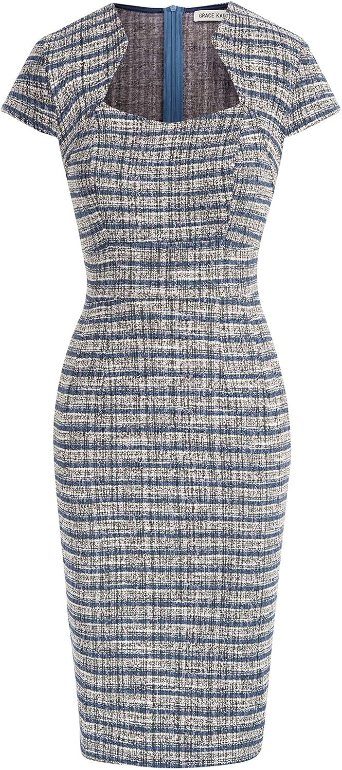 GRACE KARIN Work Dresses for Women Tweed Pencil Dress | Cap sleeve, Knee-length, Zipper back, Sweetheart neck, Stretch fabric, Formal office work business sheath dress