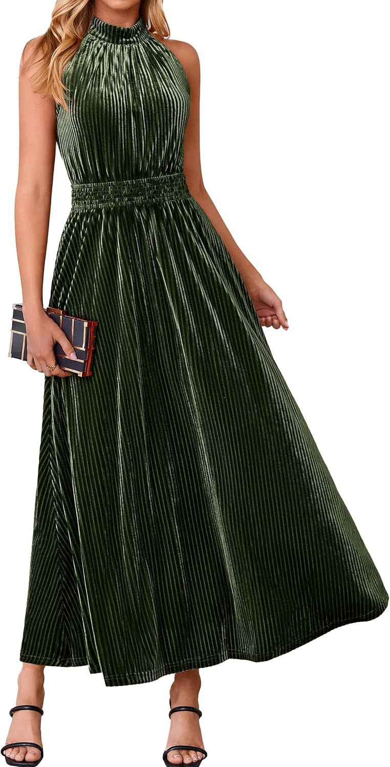 Simplee Womens Velvet Elegant Halter Neck Semi Formal Wedding Guest Dresses | 2026 Trendy, Empire Waist, A Line, Sleeveless, Flowy Maxi, Evening Party, Holiday, Long Cocktail, Prom, Fall Winter Fashion