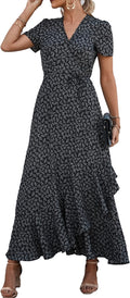 PRETTYGARDEN Women's Boho Floral Summer Maxi Dresses | Short Sleeve Wrap V Neck, Long Flowy Sundress, Spring Wedding Guest Party Outfits, Ruffle Beach Vacation Dress, Resort Wear