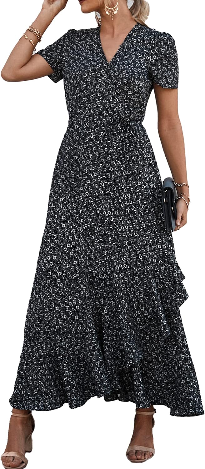 PRETTYGARDEN Women's Boho Floral Summer Maxi Dresses | Short Sleeve Wrap V Neck, Long Flowy Sundress, Spring Wedding Guest Party Outfits, Ruffle Beach Vacation Dress, Resort Wear