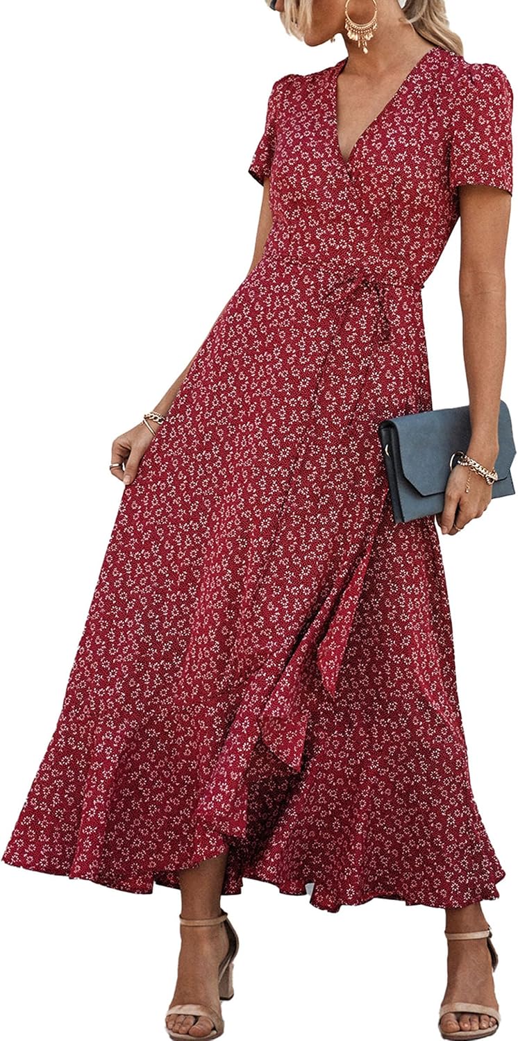PRETTYGARDEN Women's Boho Floral Summer Maxi Dresses | Short Sleeve Wrap V Neck, Long Flowy Sundress, Spring Wedding Guest Party Outfits, Ruffle Beach Vacation Dress, Resort Wear