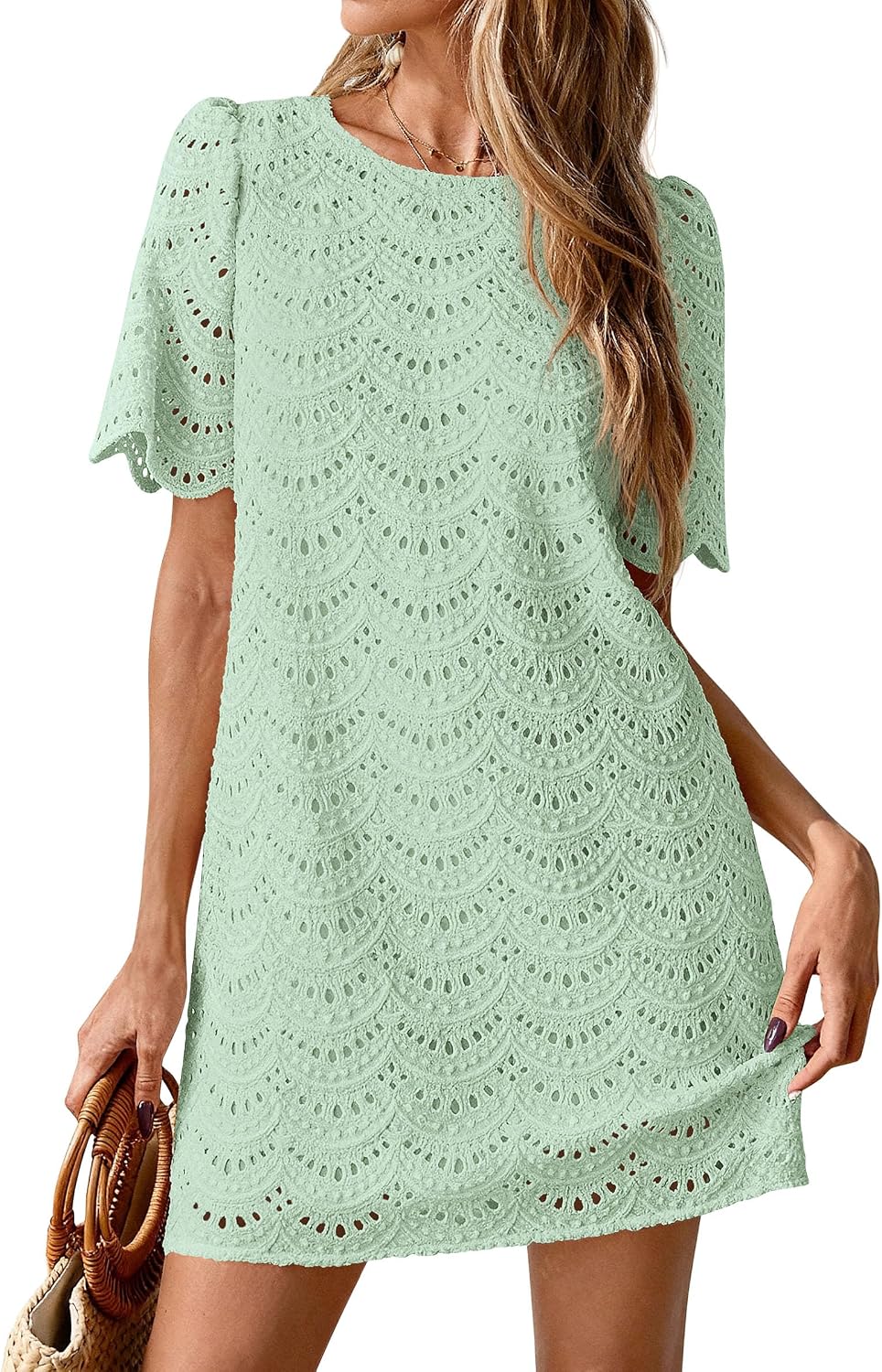 PRETTYGARDEN Women's Summer Eyelet Lace Short Dress | Hollow Out Embroidered, Short Sleeve Crewneck, Cute Wavy Cuff, Mini Shift, Boho Casual, Elegant Party, Beach Vacation Clothes