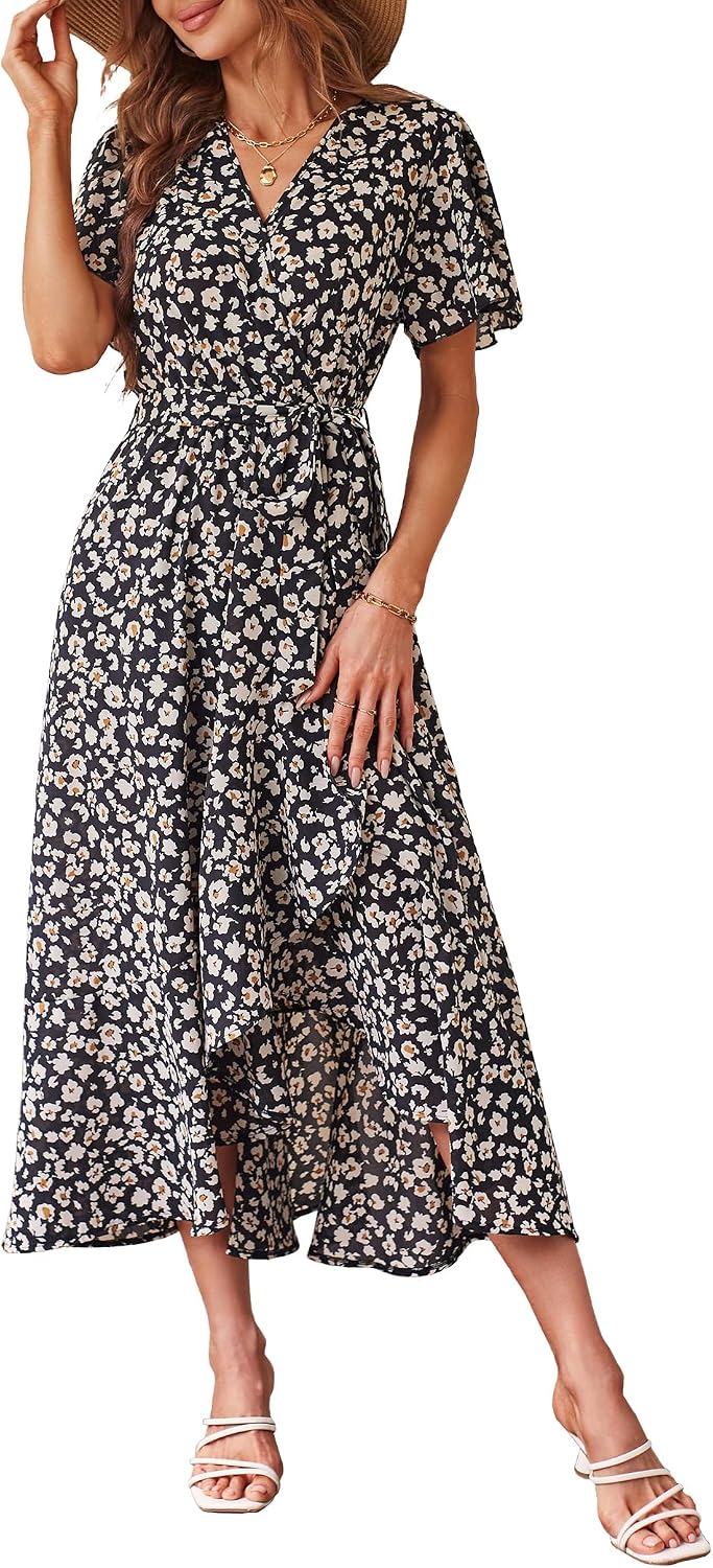 PRETTYGARDEN Women's Summer Floral Boho Maxi Dress | Short Sleeve Wrap V Neck, Long Flowy Ruffle Dresses, Spring Wedding Guest Outfits for Beach Vacation, Resort Wear, Tea Party