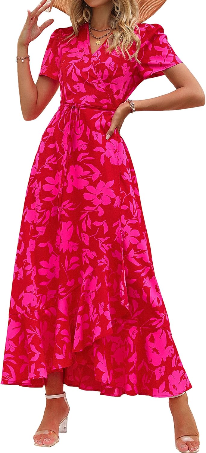PRETTYGARDEN Women's Boho Floral Summer Maxi Dresses | Short Sleeve Wrap V Neck, Long Flowy Sundress, Spring Wedding Guest Party Outfits, Ruffle Beach Vacation Dress, Resort Wear
