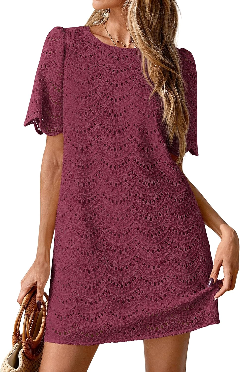 PRETTYGARDEN Women's Summer Eyelet Lace Short Dress | Hollow Out Embroidered, Short Sleeve Crewneck, Cute Wavy Cuff, Mini Shift, Boho Casual, Elegant Party, Beach Vacation Clothes