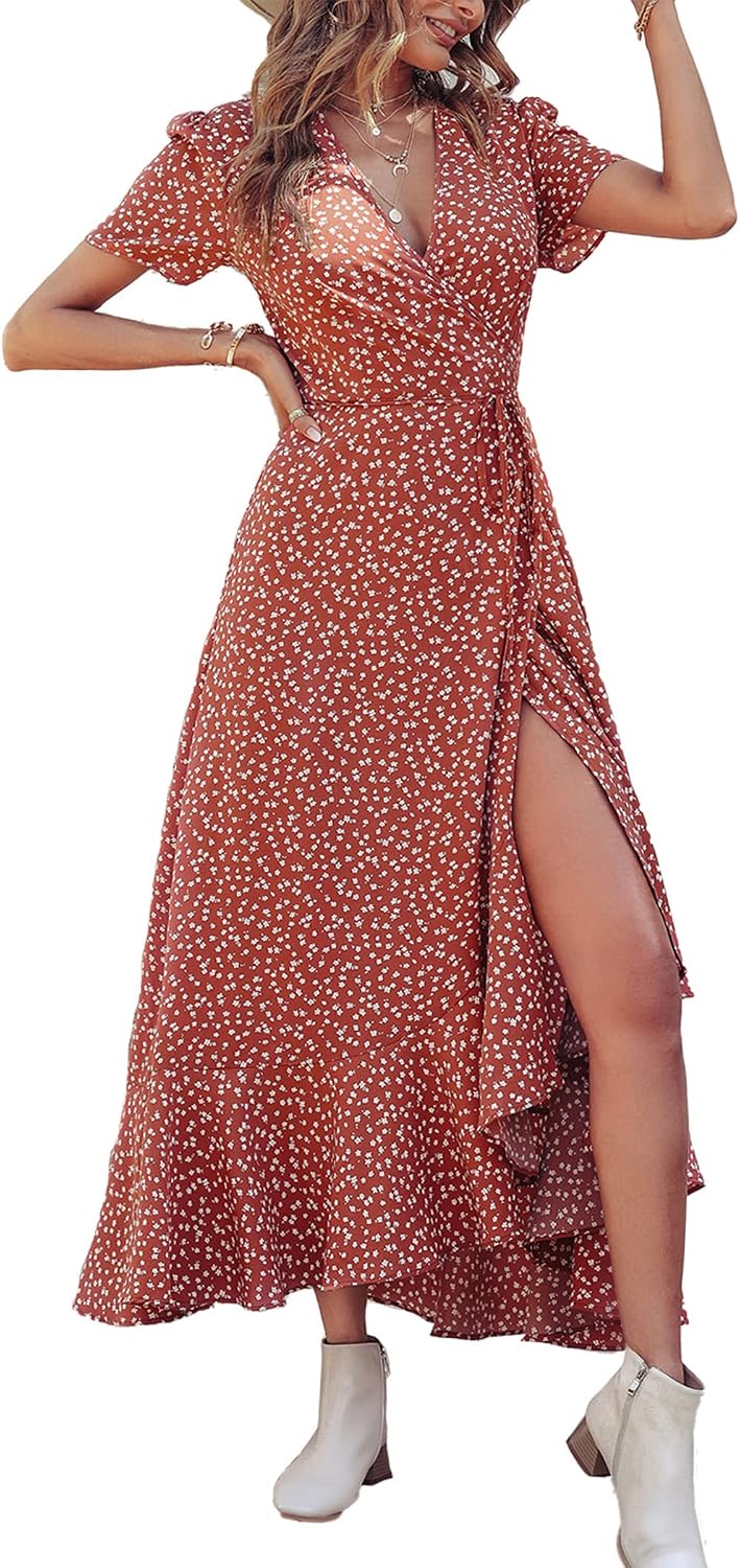 PRETTYGARDEN Women's Boho Floral Summer Maxi Dresses | Short Sleeve Wrap V Neck, Long Flowy Sundress, Spring Wedding Guest Party Outfits, Ruffle Beach Vacation Dress, Resort Wear