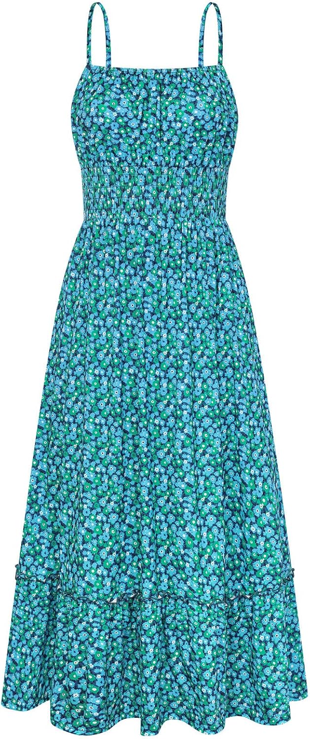 GRACE KARIN Summer Dresses for Women 2026 Vacation Boho Maxi Sundress | Casual, Smocked Waist, Floral Printed, Spaghetti Strap, Sleeveless, Beach Dresses With Pockets, Fashion Outfits