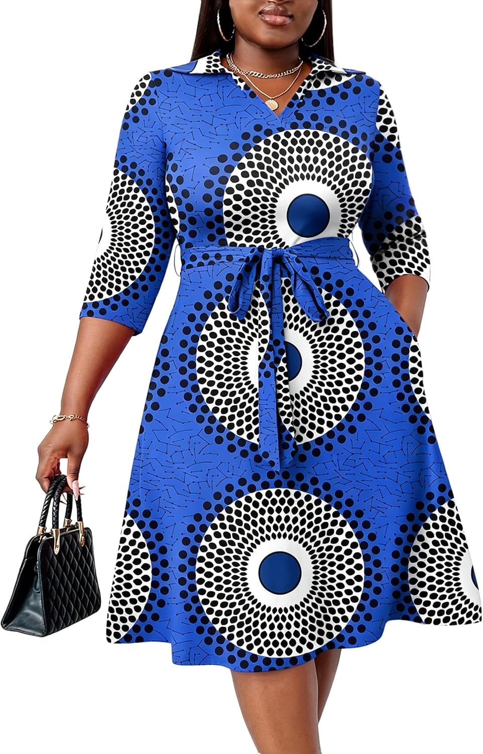 FANDEE Plus Size Midi Dress for Women Casual - Fit and Flare Summer Dresses | Semi Formal,African Print,Polo Collar Cocktail Dress,With Pockets And Belt