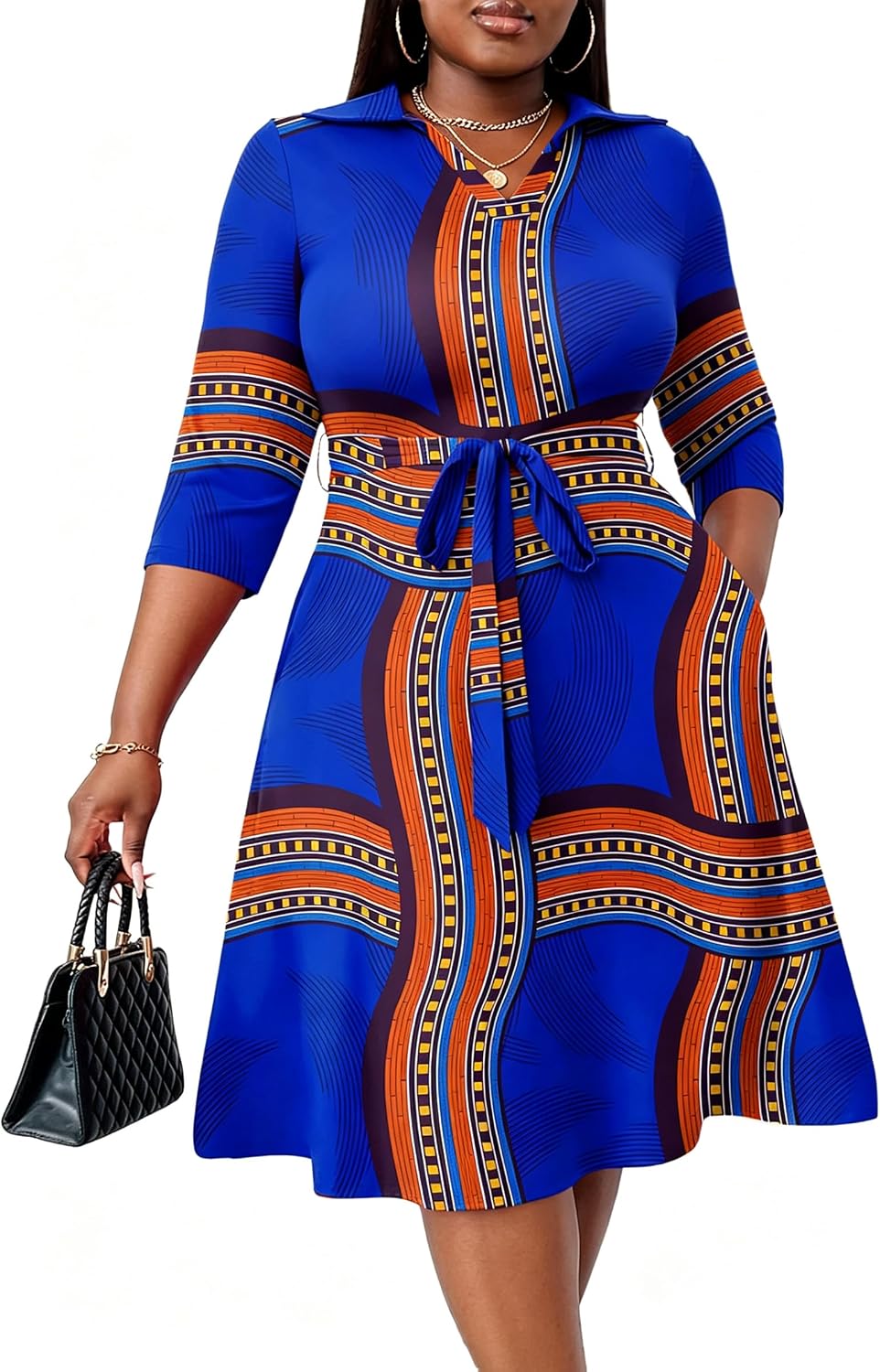 FANDEE Plus Size Midi Dress for Women Casual - Fit and Flare Summer Dresses | Semi Formal,African Print,Polo Collar Cocktail Dress,With Pockets And Belt