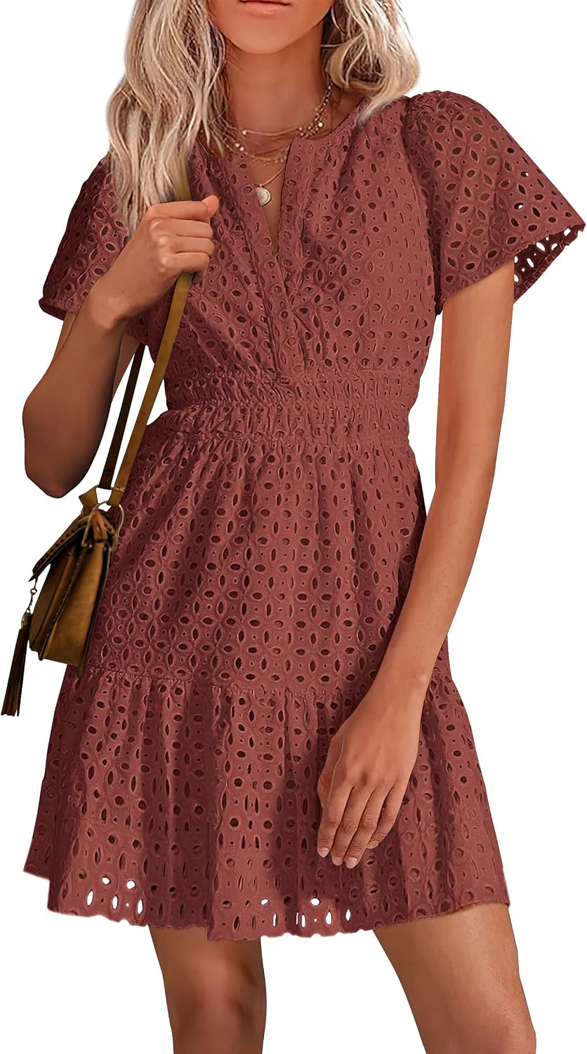 PRETTYGARDEN Women's Summer Eyelet Lace Short Dresses | Embroidered Hollow Out, Short Sleeve V Neck, Ruffle A Line, Cute Casual Trendy, Party Wedding Guest, Beach Vacation Clothes