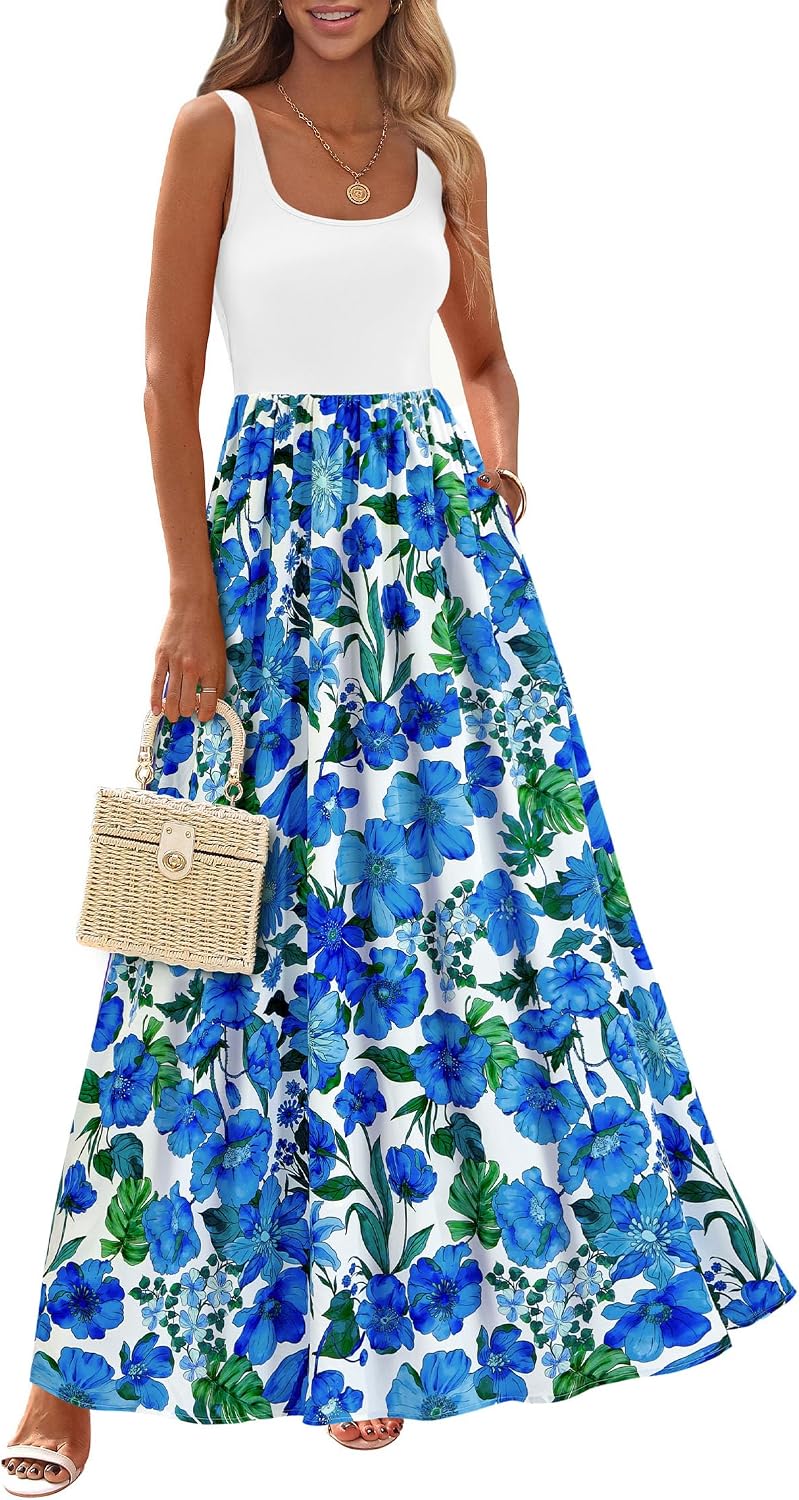 KIRUNDO Women's Summer Maxi Dress Boho Floral Long Sundress | Sleeveless Scoop Neck Tank, Flowy A Line, Bohemian Hawaiian Style Tropical Dresses Pockets, Beach Vacation Cruise Resort Wear