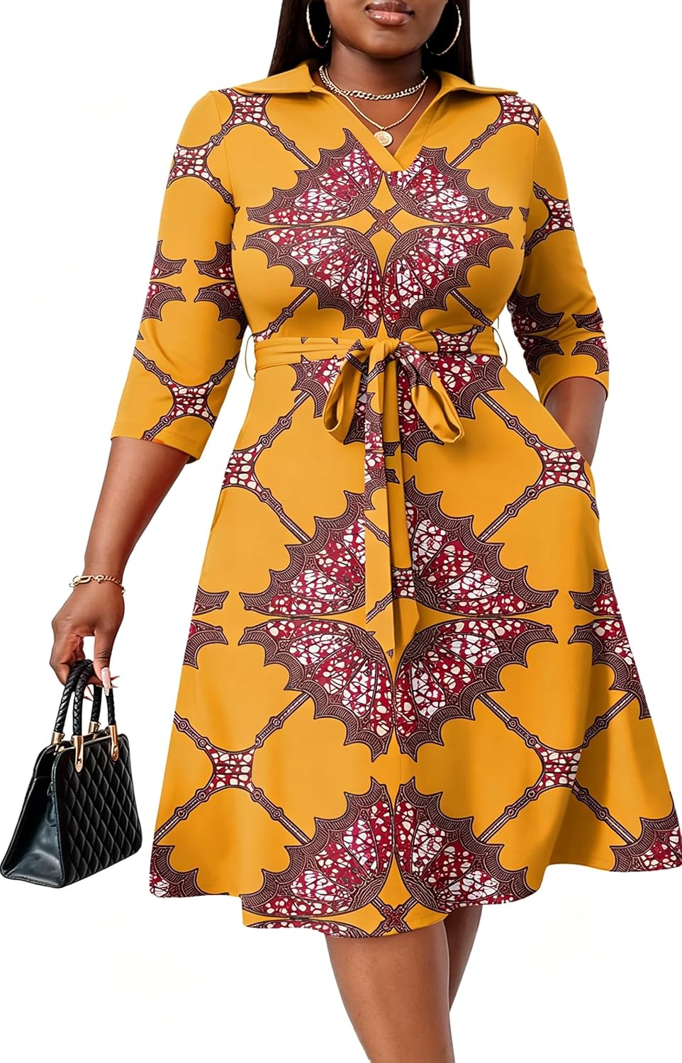 FANDEE Plus Size Midi Dress for Women Casual - Fit and Flare Summer Dresses | Semi Formal,African Print,Polo Collar Cocktail Dress,With Pockets And Belt