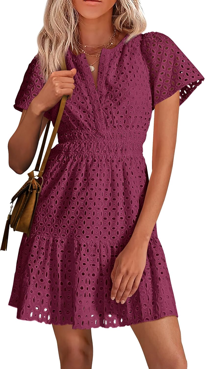 PRETTYGARDEN Women's Summer Eyelet Lace Short Dresses | Embroidered Hollow Out, Short Sleeve V Neck, Ruffle A Line, Cute Casual Trendy, Party Wedding Guest, Beach Vacation Clothes