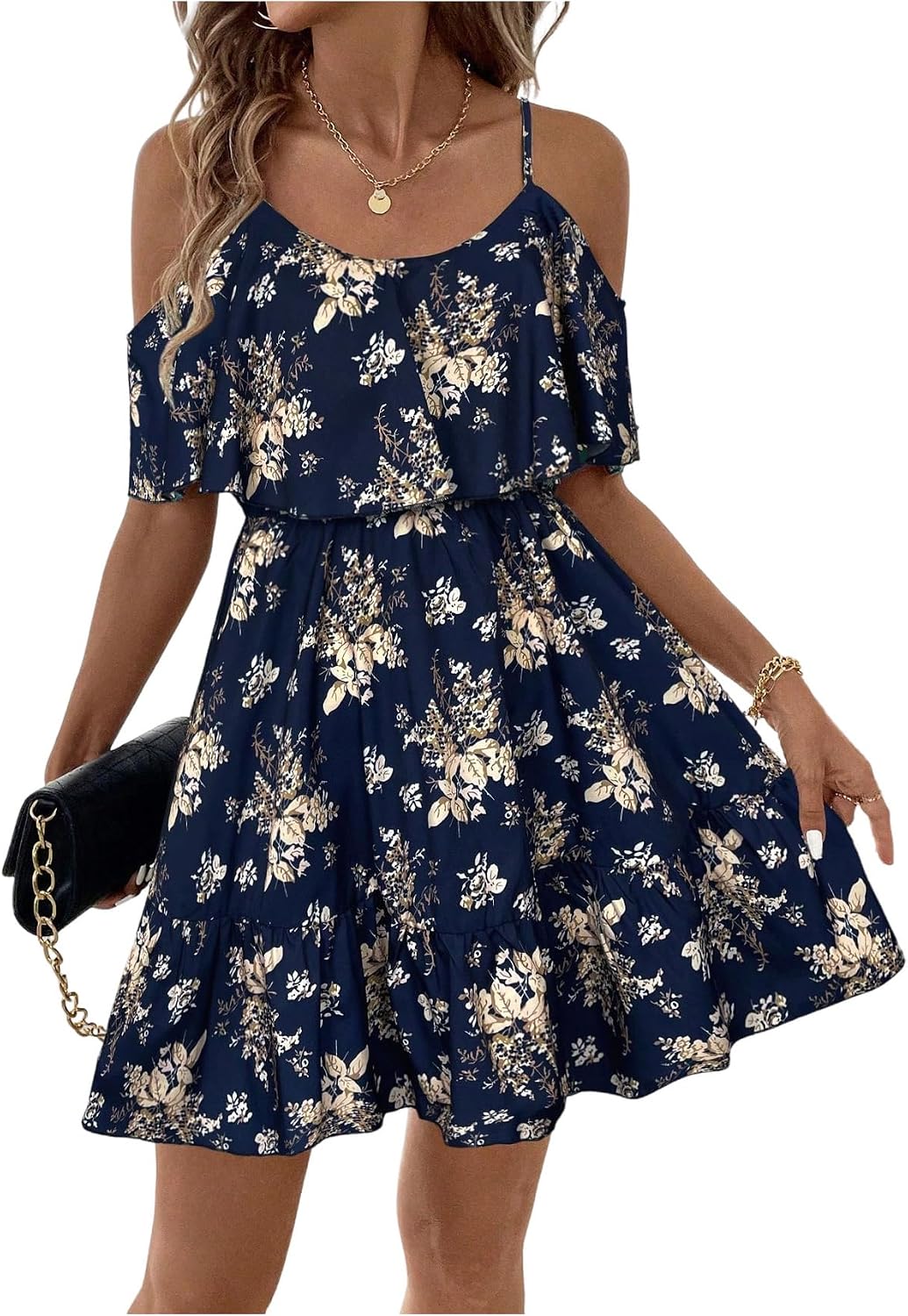 SOLY HUX Women's Summer Floral Mini Dress Cold Shoulder Ruffle Dresses | Boho, Short Sleeve, A Line, Vacation, Sundress