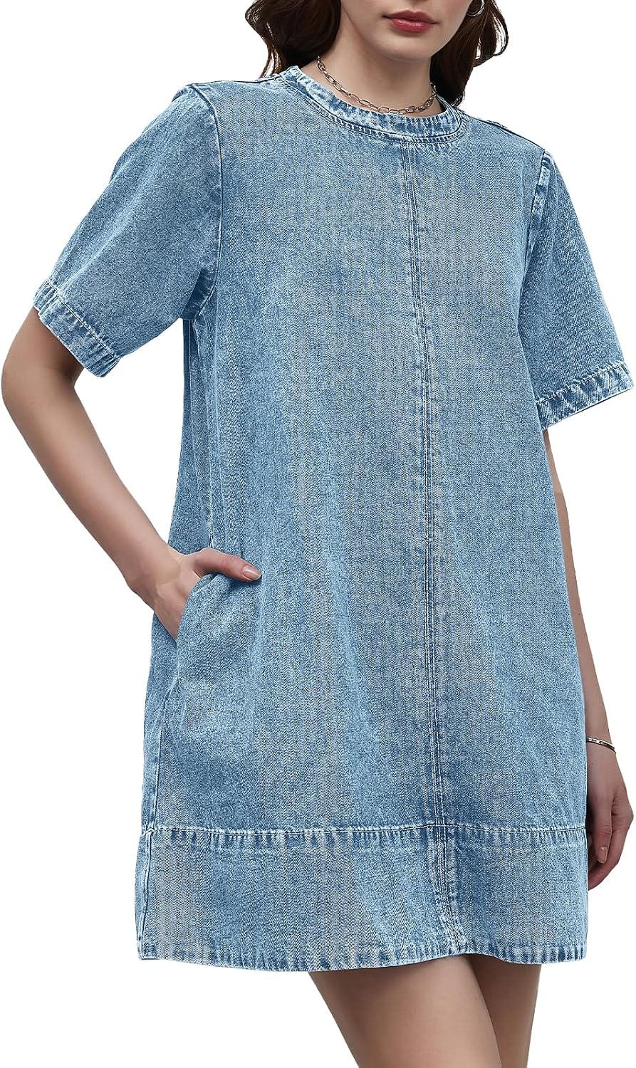 LifeShe Denim Dress for Women Summer Casual Short Sleeve Chambray Mini Jean Dresses with Pockets