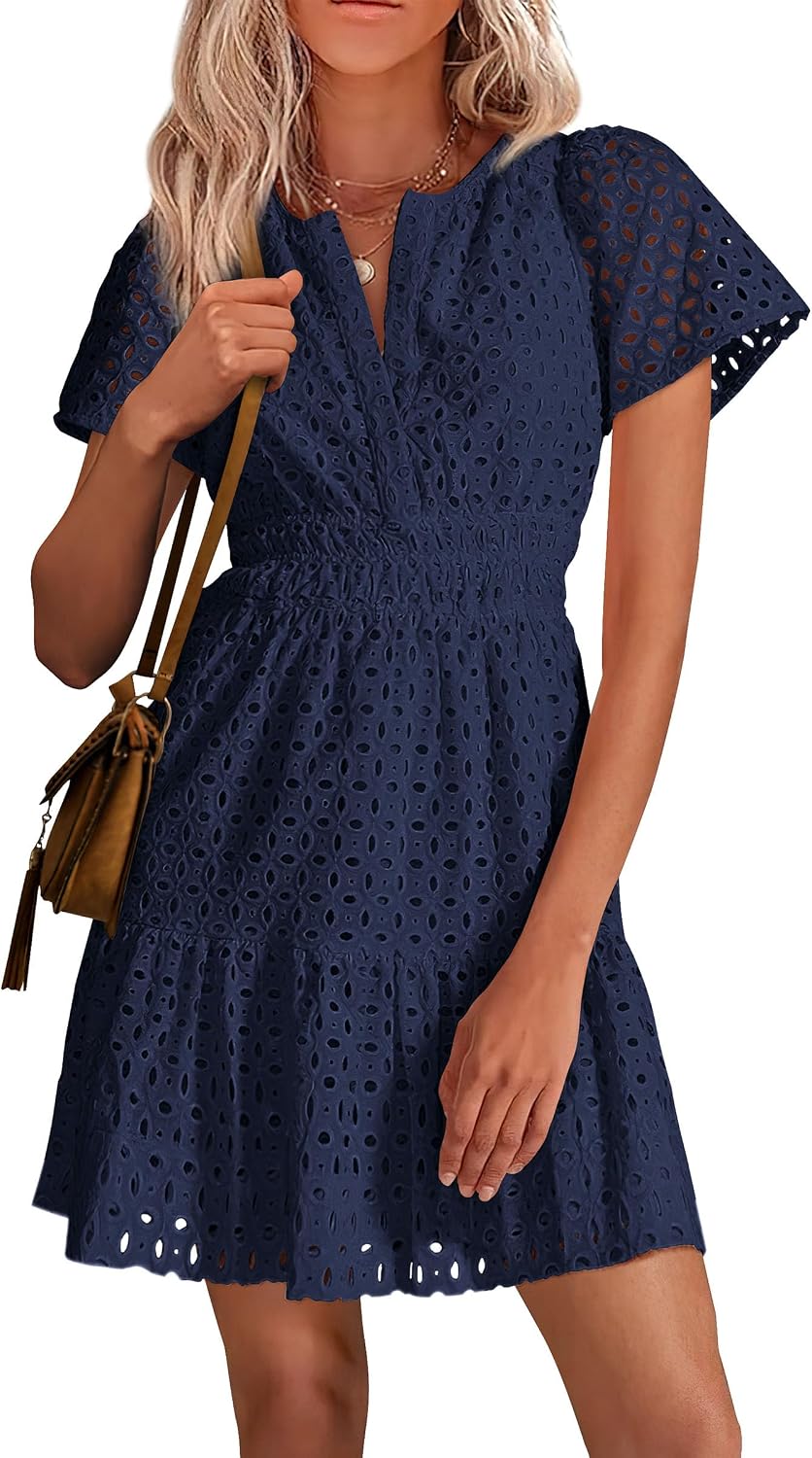 PRETTYGARDEN Women's Summer Eyelet Lace Short Dresses | Embroidered Hollow Out, Short Sleeve V Neck, Ruffle A Line, Cute Casual Trendy, Party Wedding Guest, Beach Vacation Clothes