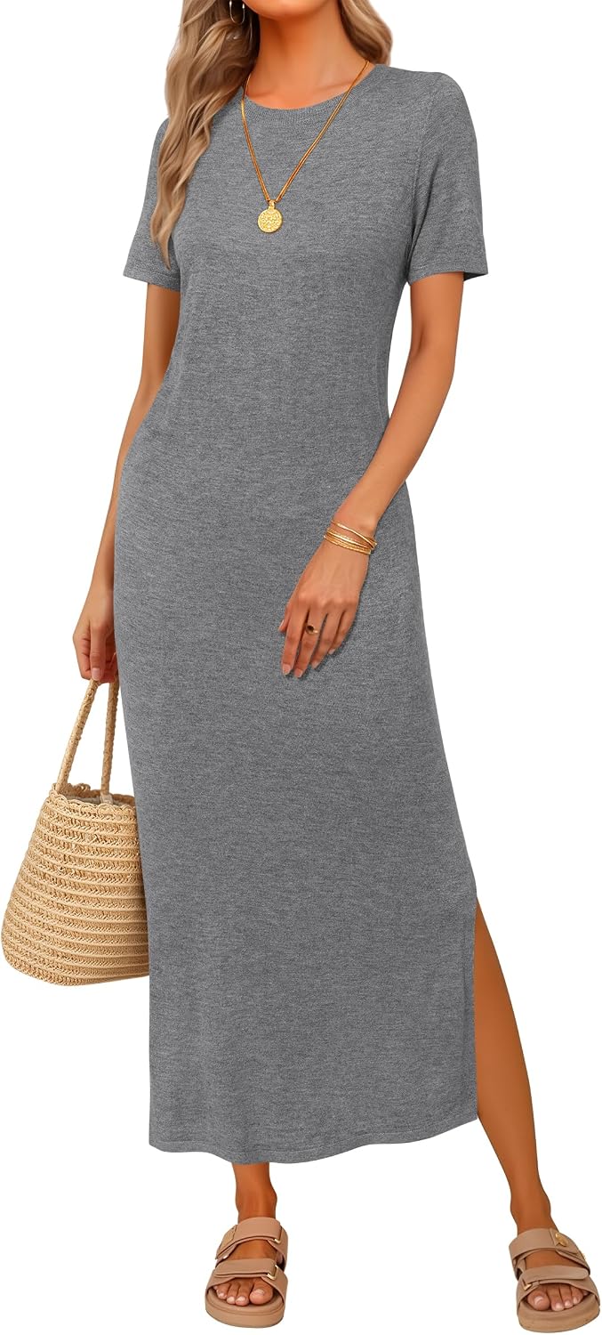 Arach&Cloz Women's Wool Blend Fall Business Casual T Shirts Maxi Dress | Soft Wool Blend, Medium Stretch & Thickness,Crew Neck short Sleeve Maxi Dress With side Slit fits,Casual And All Occasions
