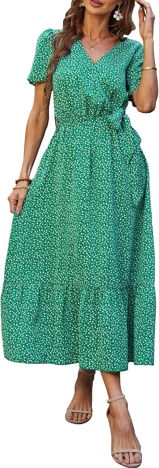 PRETTYGARDEN Women's Summer Floral Boho Maxi Dress | Short Sleeve Wrap V Neck, Long Flowy Ruffle Dresses, Spring Wedding Guest Outfits for Beach Vacation, Resort Wear, Tea Party