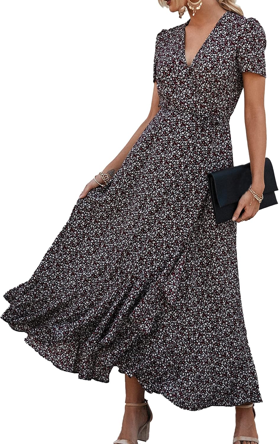 PRETTYGARDEN Women's Boho Floral Summer Maxi Dresses | Short Sleeve Wrap V Neck, Long Flowy Sundress, Spring Wedding Guest Party Outfits, Ruffle Beach Vacation Dress, Resort Wear
