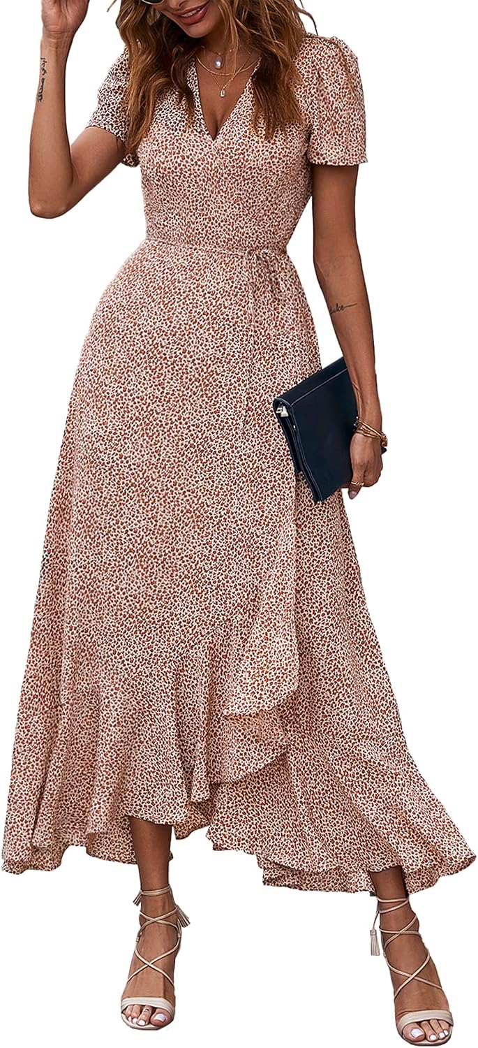 PRETTYGARDEN Women's Boho Floral Summer Maxi Dresses | Short Sleeve Wrap V Neck, Long Flowy Sundress, Spring Wedding Guest Party Outfits, Ruffle Beach Vacation Dress, Resort Wear