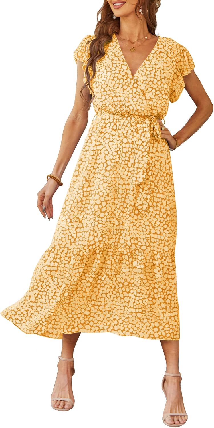 PRETTYGARDEN Women's Summer Floral Boho Maxi Dress | Short Sleeve Wrap V Neck, Long Flowy Ruffle Dresses, Spring Wedding Guest Outfits for Beach Vacation, Resort Wear, Tea Party