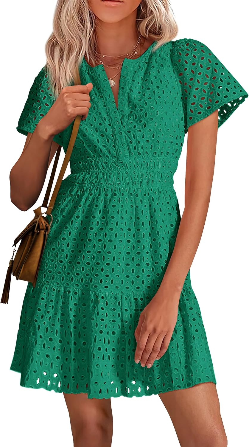 PRETTYGARDEN Women's Summer Eyelet Lace Short Dresses | Embroidered Hollow Out, Short Sleeve V Neck, Ruffle A Line, Cute Casual Trendy, Party Wedding Guest, Beach Vacation Clothes